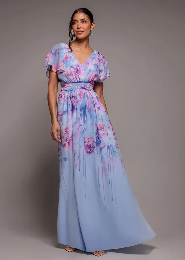 Goddiva Blue Printed Silky Chiffon Flutter Sleeve Maxi Dress