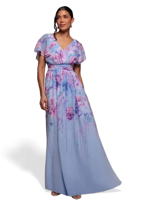 Goddiva Blue Printed Silky Chiffon Flutter Sleeve Maxi Dress - 16 Image 1