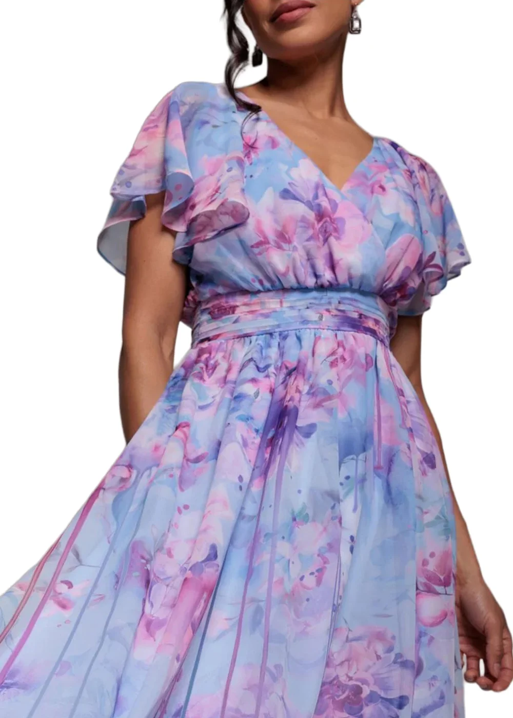 Goddiva Blue Printed Silky Chiffon Flutter Sleeve Maxi Dress - 16 Image 3