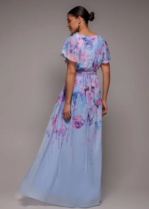 Goddiva Blue Printed Silky Chiffon Flutter Sleeve Maxi Dress - 10 Image 2