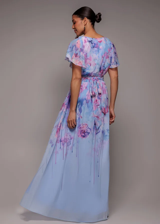Goddiva Blue Printed Silky Chiffon Flutter Sleeve Maxi Dress
