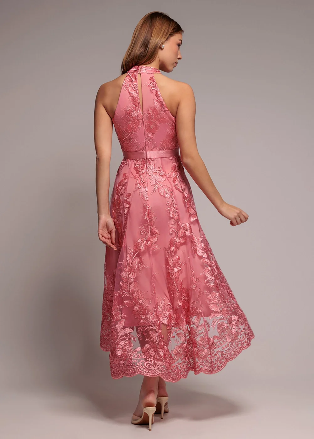 Goddiva Coral Halter Neck Lace High And Low Midi Dress - 14 Image 2