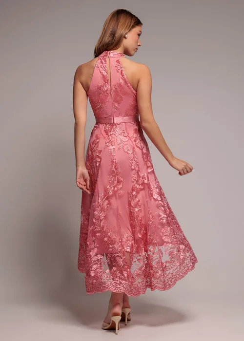 Goddiva Coral Halter Neck Lace High And Low Midi Dress - 14 Image 2