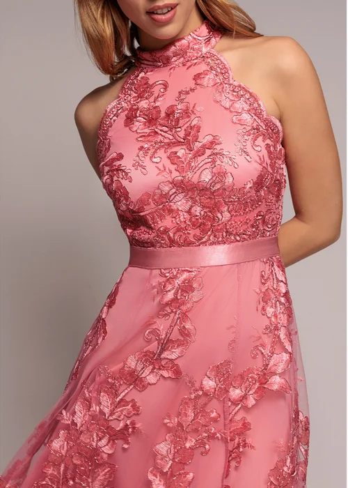 Goddiva Coral Halter Neck Lace High And Low Midi Dress - 14 Image 3