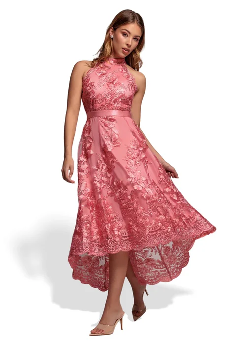 Goddiva Coral Halter Neck Lace High And Low Midi Dress - 14 Image 1