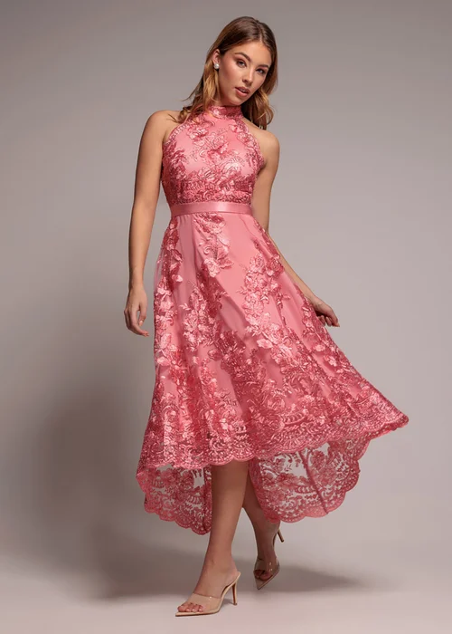 Goddiva Coral Halter Neck Lace High And Low Midi Dress - 14 Image 1