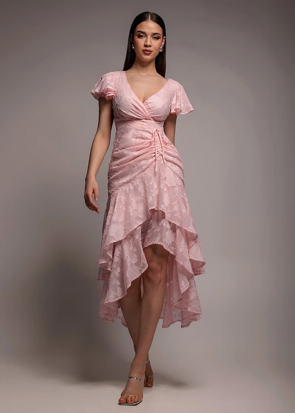 Goddiva Pink Jacquard Chiffon Wrap High Low Midaxi Dress - 10 Image 1