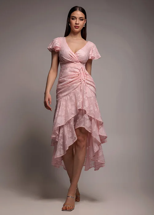 Goddiva Pink Jacquard Chiffon Wrap High Low Midaxi Dress - 10 Image 1