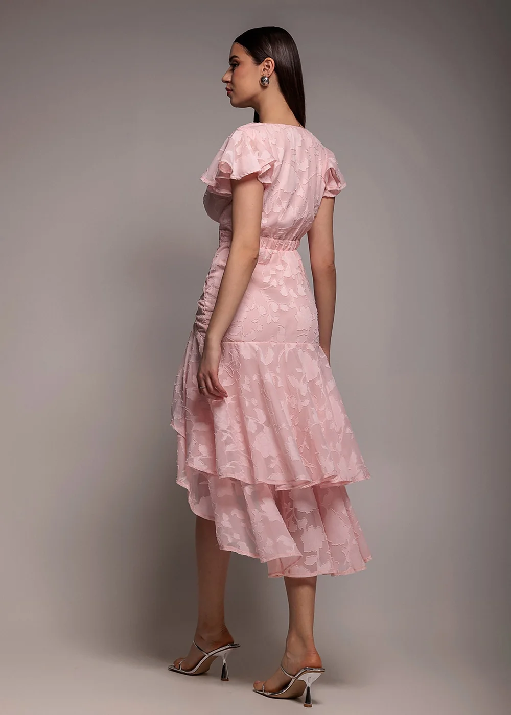 Goddiva Pink Jacquard Chiffon Wrap High Low Midaxi Dress - 10 Image 2