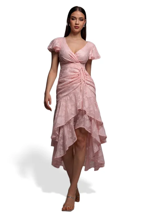 Goddiva Pink Jacquard Chiffon Wrap High Low Midaxi Dress - 18 Image 1