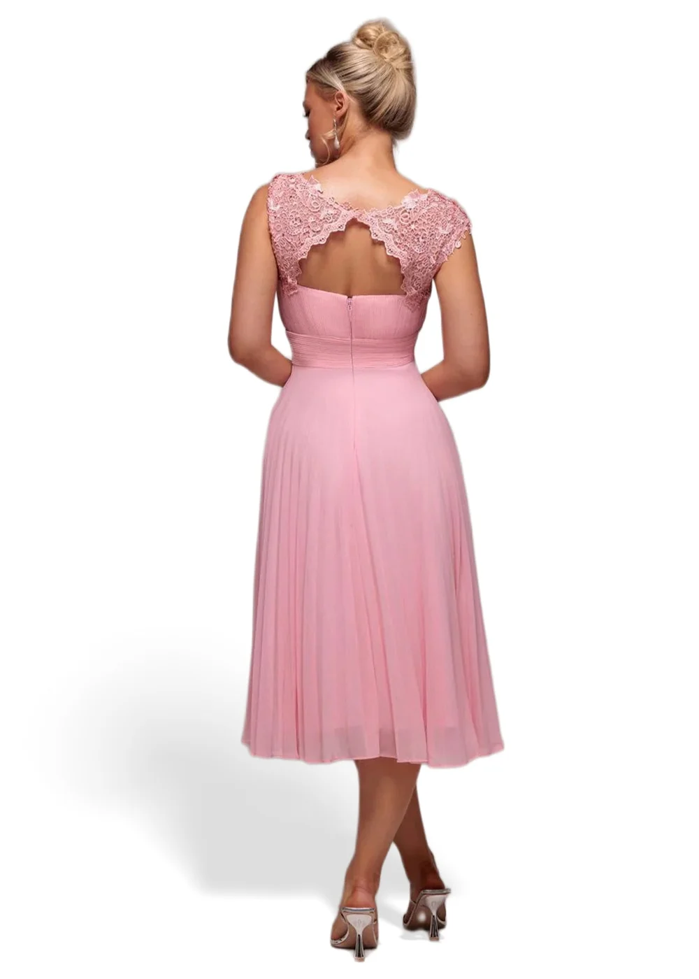 Goddiva Blush Pink Crochet & Pleated Top Midi Dress - 10 Image 2