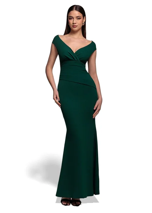 Goddiva Emerald Green Bardot Pleated Maxi Dress - 16 Image 1