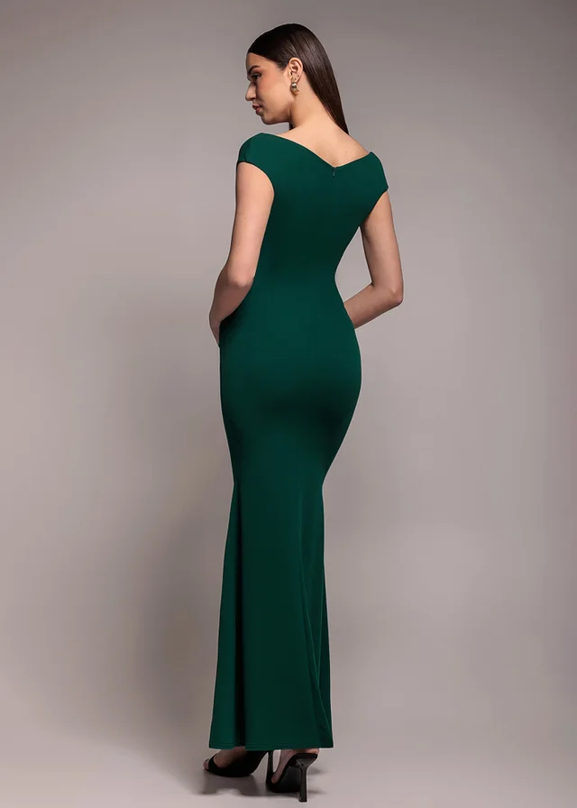 Goddiva Emerald Green Bardot Pleated Maxi Dress