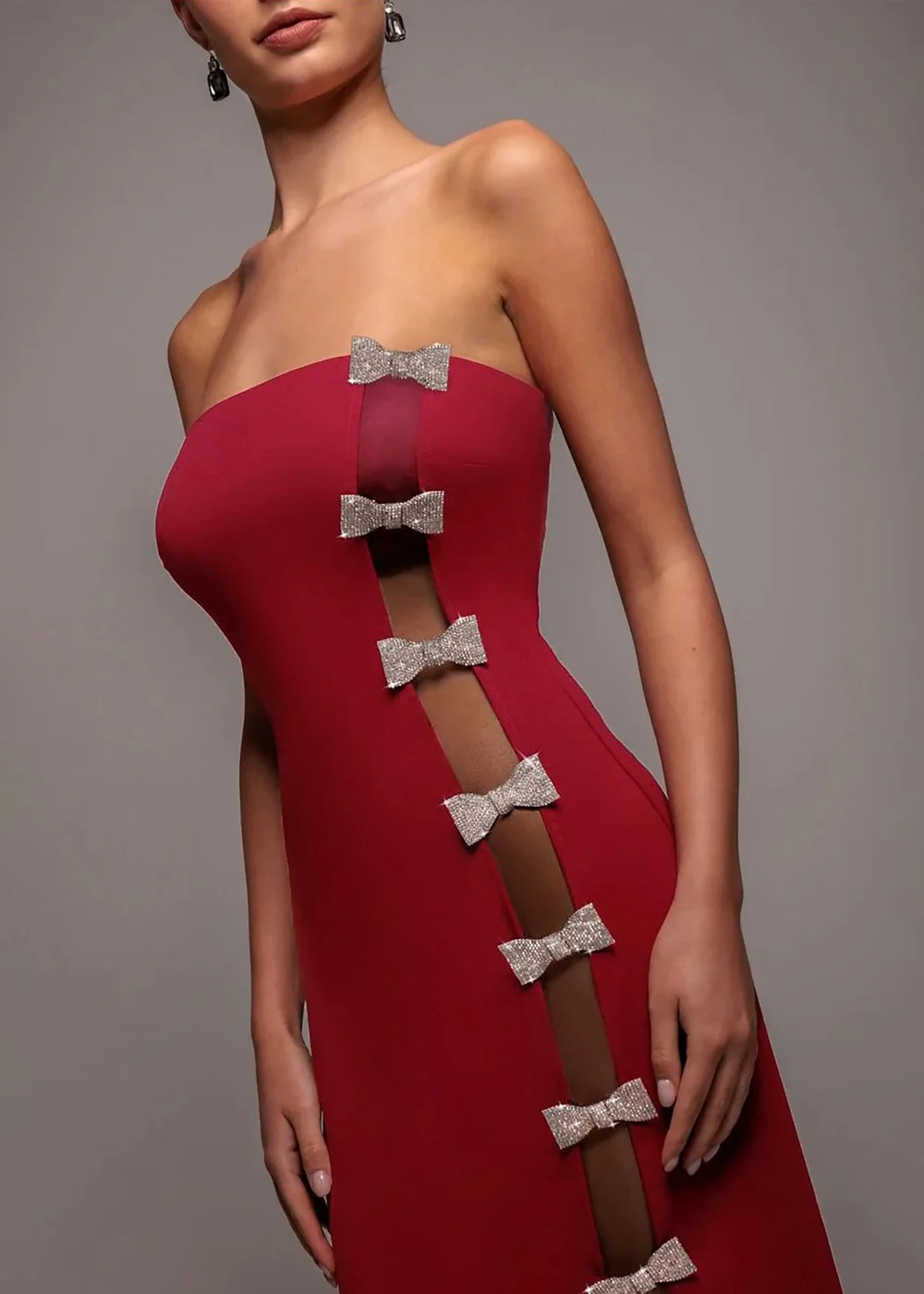 Goddiva Wine Bow Embellished Strapless Mermaid Maxi Dress - 8 Image 3