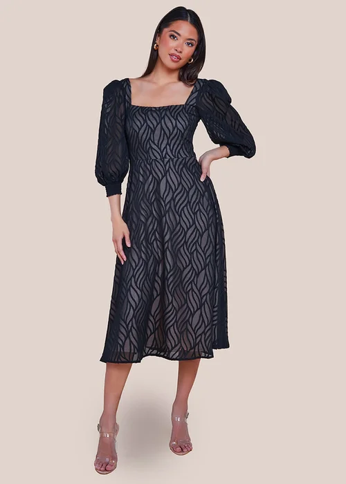 Goddiva Black Puff Sleeve Side Slit Flared Jacquard Chiffon Midi Dress - 8 Image 1