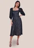 Goddiva Black Puff Sleeve Side Slit Flared Jacquard Chiffon Midi Dress - 8 Image 1
