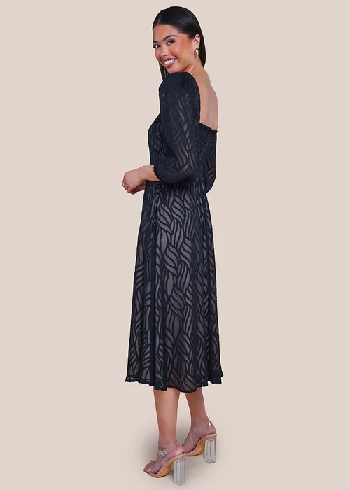 Goddiva Black Puff Sleeve Side Slit Flared Jacquard Chiffon Midi Dress - 8 Image 2