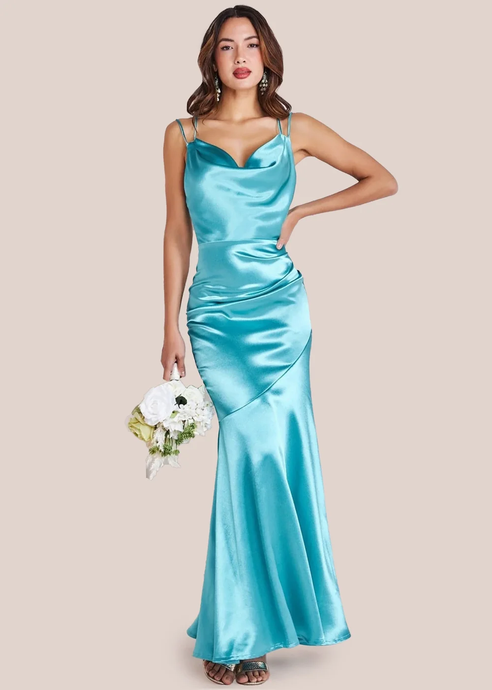 Goddiva Aqua Satin Cowl Neck With Strappy Back Maxi Dress - 16 Image 1