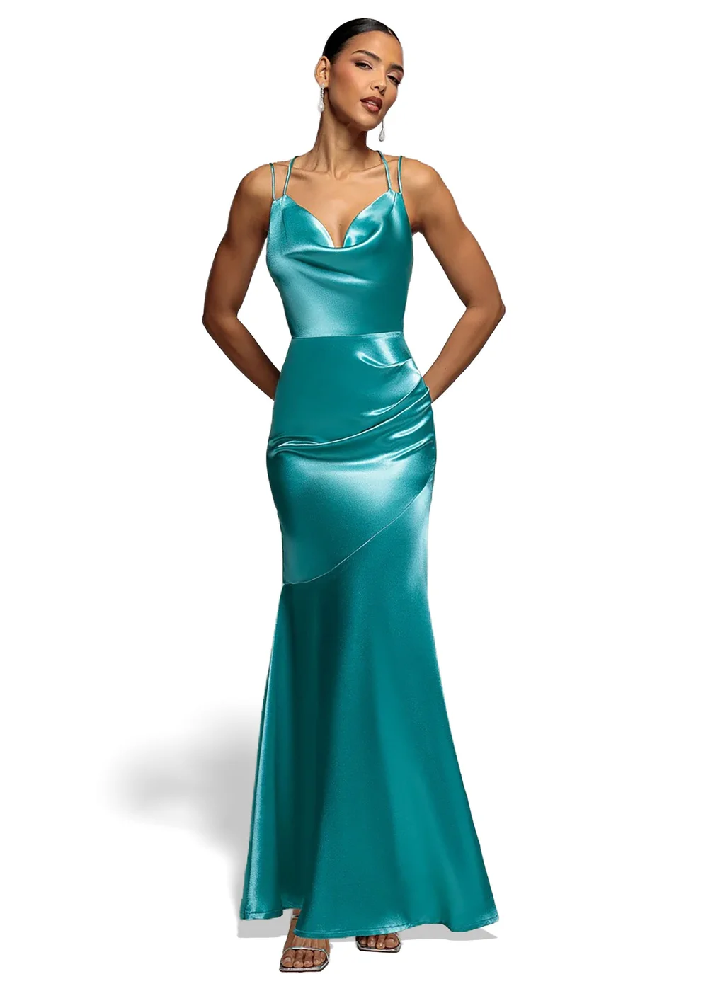 Goddiva Aqua Satin Cowl Neck With Strappy Back Maxi Dress - 16 Image 1