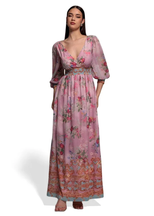 Goddiva Pink Chiffon Wrap Border Floral Print Maxi Dress - 10 Image 1