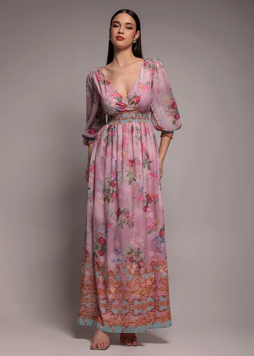 Goddiva Pink Chiffon Wrap Border Floral Print Maxi Dress - 10 Image 1