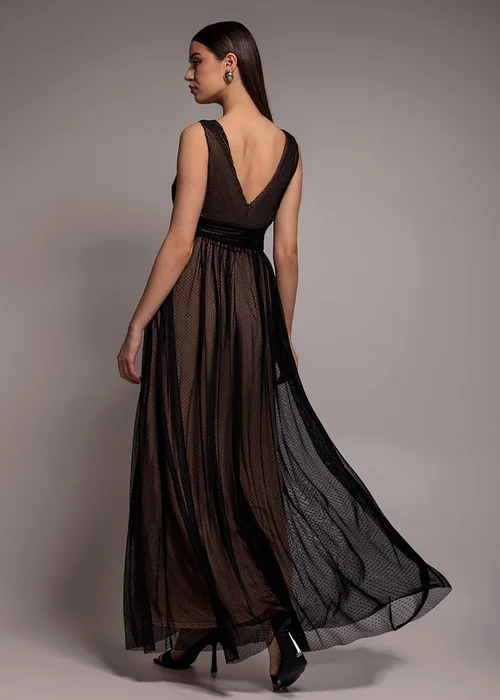 Goddiva Black Sleeveless Pleated Dobby Mesh Corsage Maxi Dress - 18 Image 2