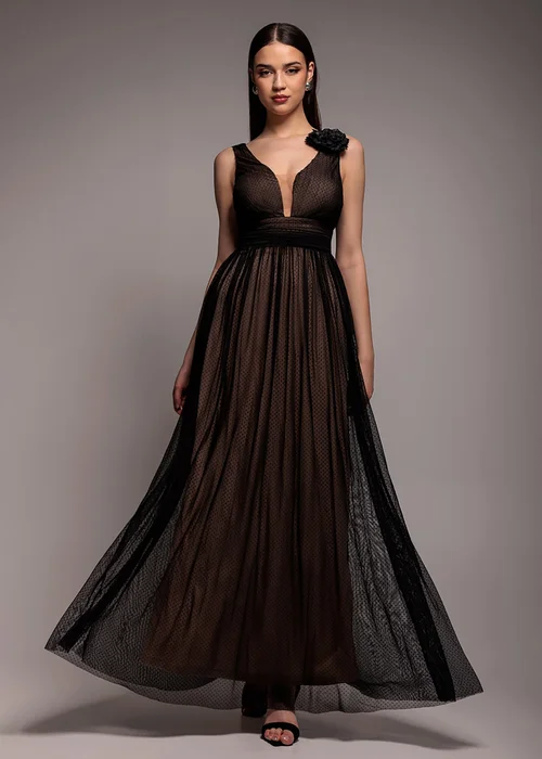 Goddiva Black Sleeveless Pleated Dobby Mesh Corsage Maxi Dress - 18 Image 1