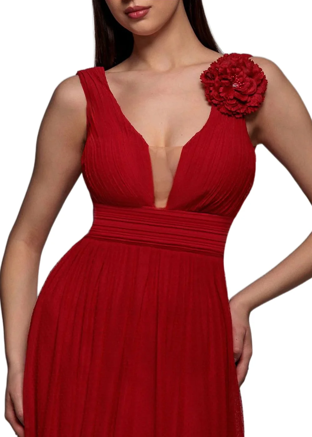 Goddiva Red Sleeveless Pleated Dobby Mesh Corsage Maxi Dress - 18 Image 3