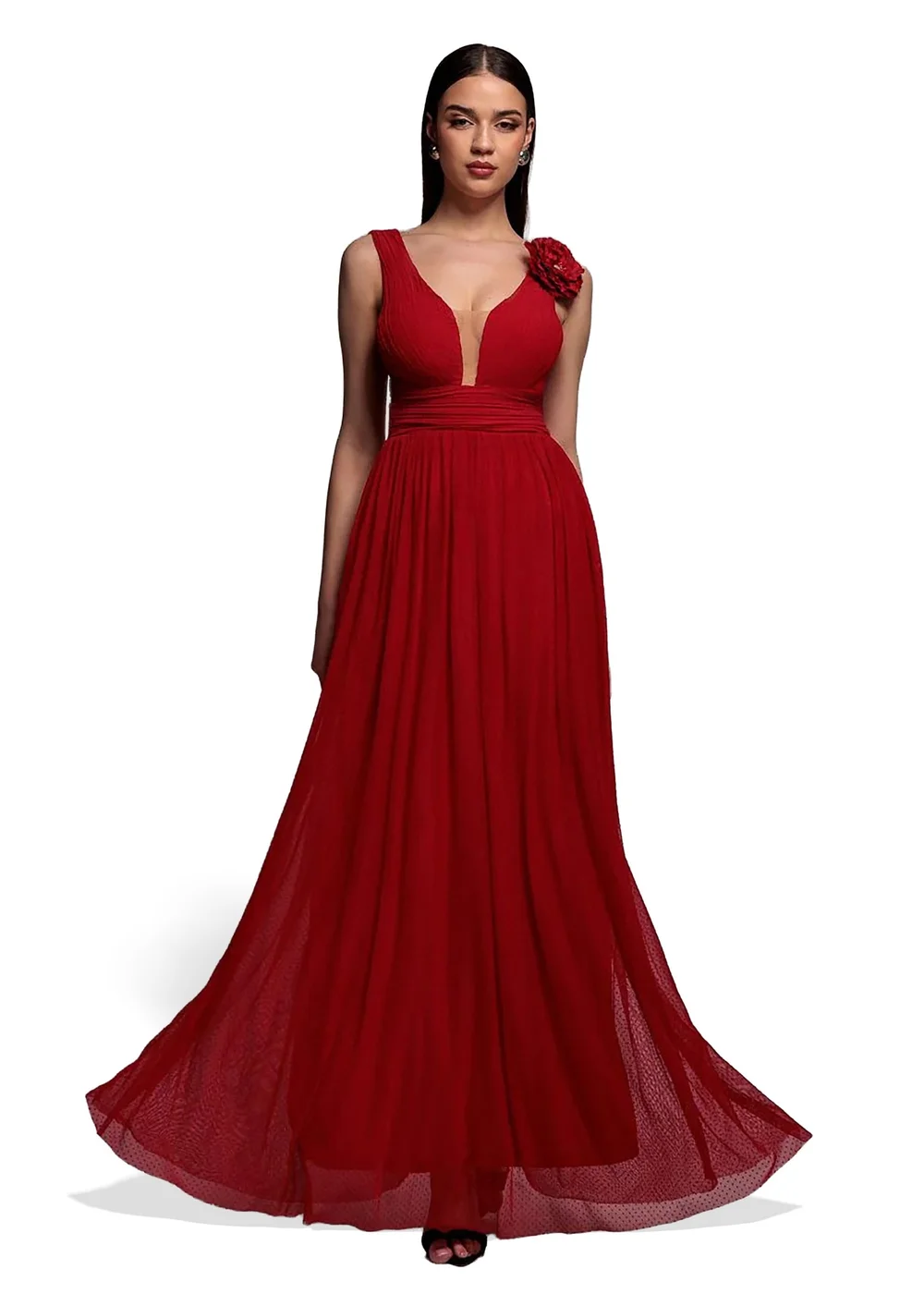 Goddiva Red Sleeveless Pleated Dobby Mesh Corsage Maxi Dress - 18 Image 1