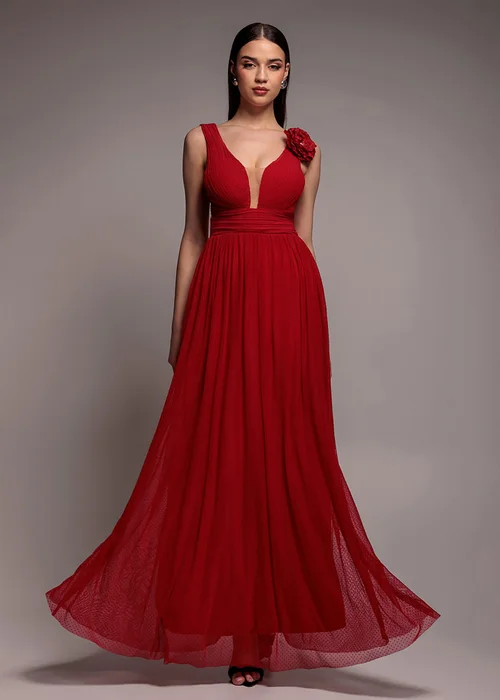 Goddiva Red Sleeveless Pleated Dobby Mesh Corsage Maxi Dress - 16 Image 1
