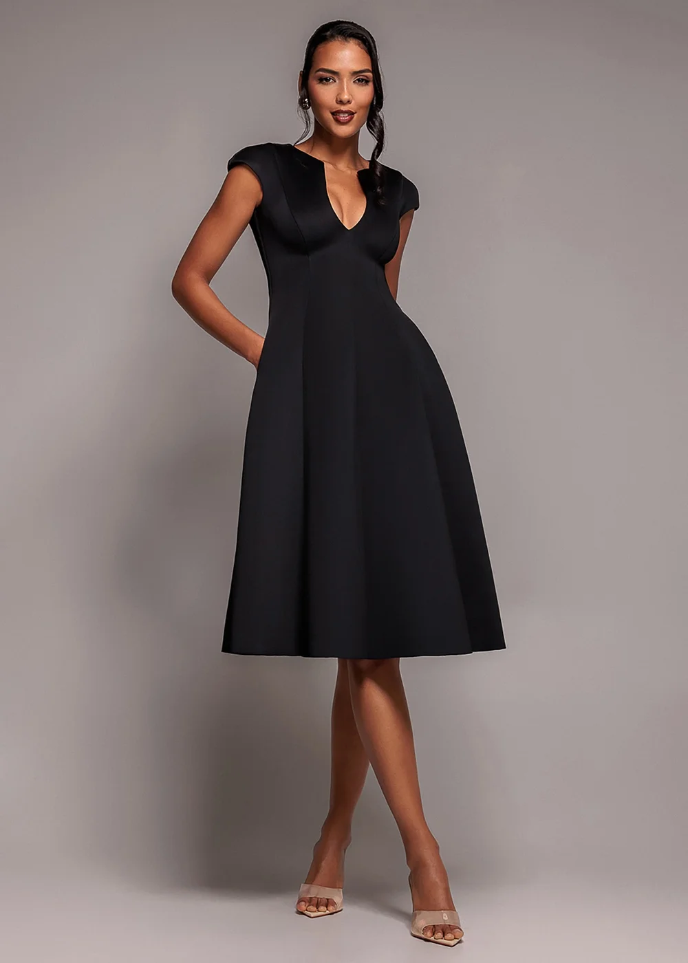 Goddiva Black Cap Sleeve Plunging V Neckline A Line Midi Dress - 8 Image 1