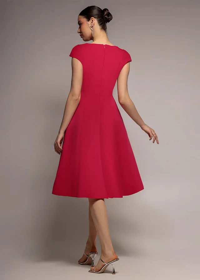 Goddiva Magenta Cap Sleeve Plunging V Neckline A Line Midi Dress
