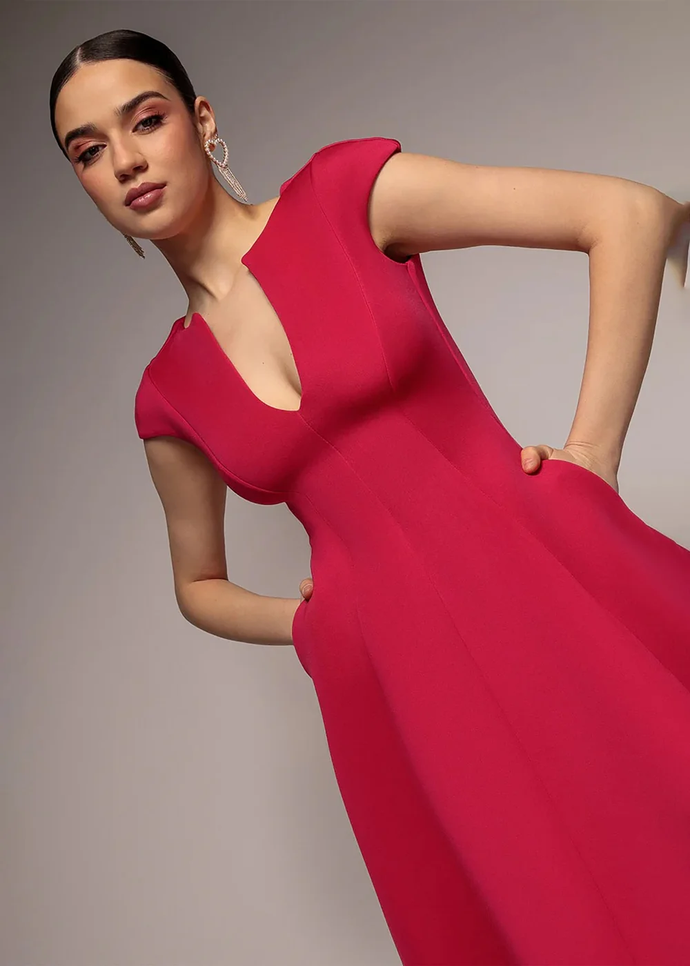 Goddiva Magenta Cap Sleeve Plunging V Neckline A Line Midi Dress - 16 Image 3