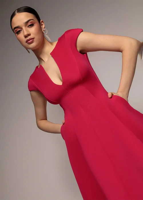 Goddiva Magenta Cap Sleeve Plunging V Neckline A Line Midi Dress - 16 Image 3
