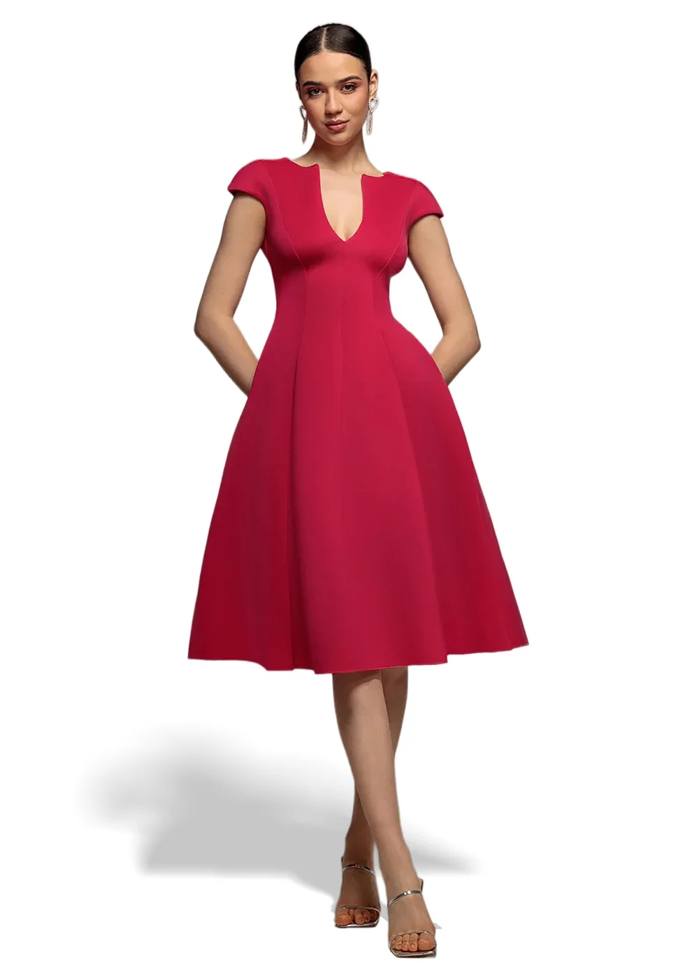 Goddiva Magenta Cap Sleeve Plunging V Neckline A Line Midi Dress - 16 Image 1