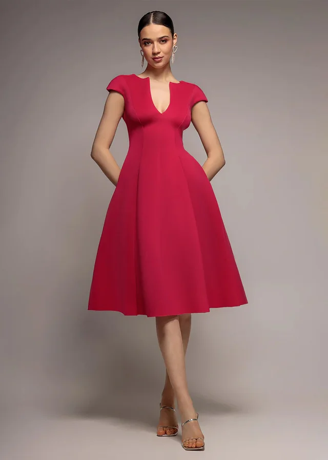 Goddiva Magenta Cap Sleeve Plunging V Neckline A Line Midi Dress
