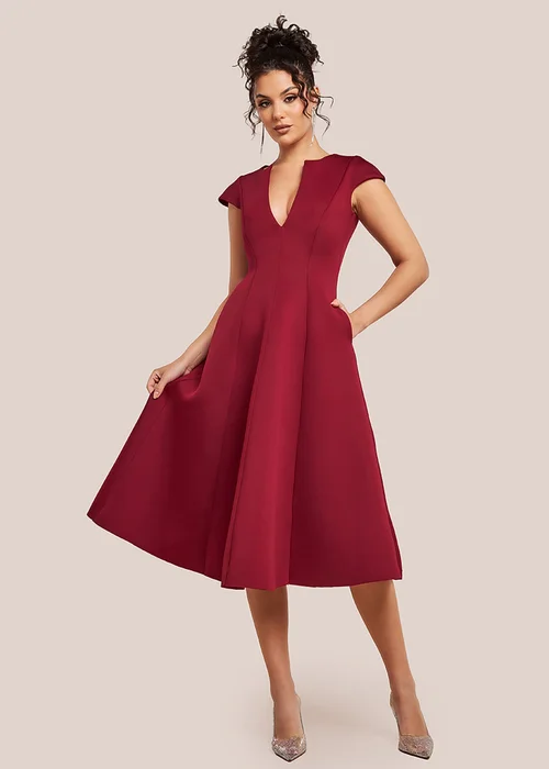 Goddiva Wine Cap Sleeve Plunging V Neckline A Line Midi Dress - 16 Image 1