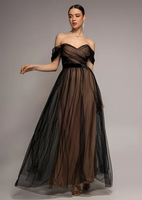 Goddiva Black Dobby Mesh Off The Shoulder Princess Maxi Dress - 12 Image 1