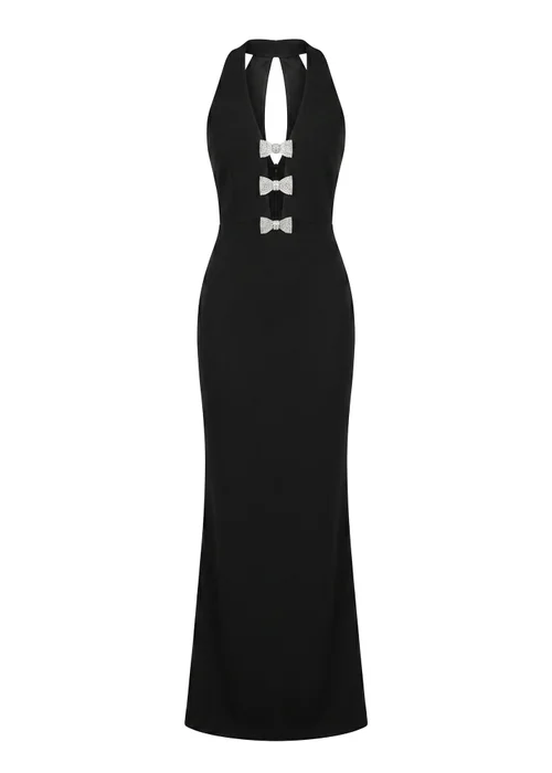 Goddiva Black Embellished Diamante Bow Mermaid Halter Neck Maxi Dress - 14 Image 5