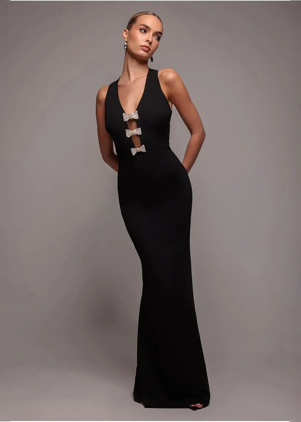 Goddiva Black Embellished Diamante Bow Mermaid Halter Neck Maxi Dress - 14 Image 1