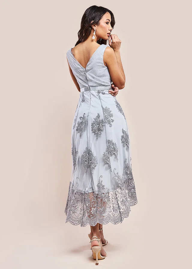 Goddiva Grey Pleated Satin Bodice High & Low Midi Dress