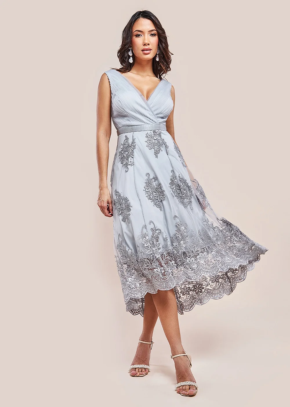 Goddiva Grey Pleated Satin Bodice High & Low Midi Dress - 12 Image 1