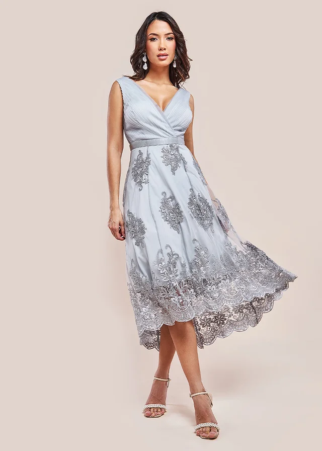 Goddiva Grey Pleated Satin Bodice High & Low Midi Dress