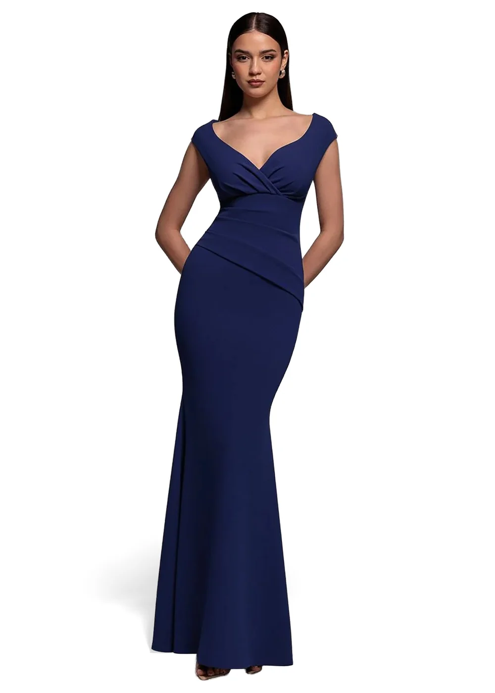 Goddiva Navy Blue Bardot Pleated Maxi Dress - 12 Image 1