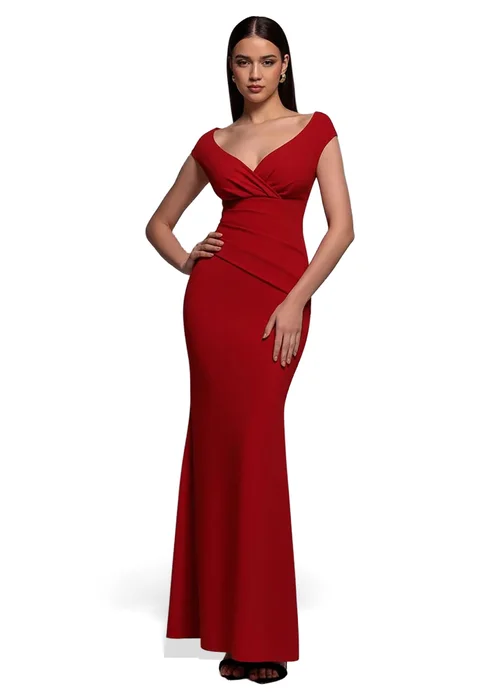 Goddiva Red Bardot Pleated Maxi Dress - 8 Image 1