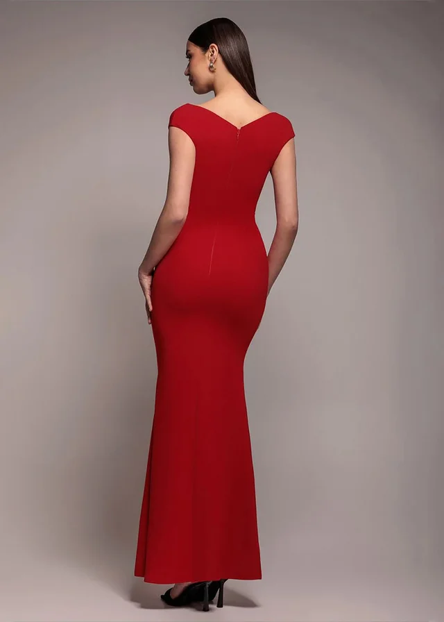 Goddiva Red Bardot Pleated Maxi Dress
