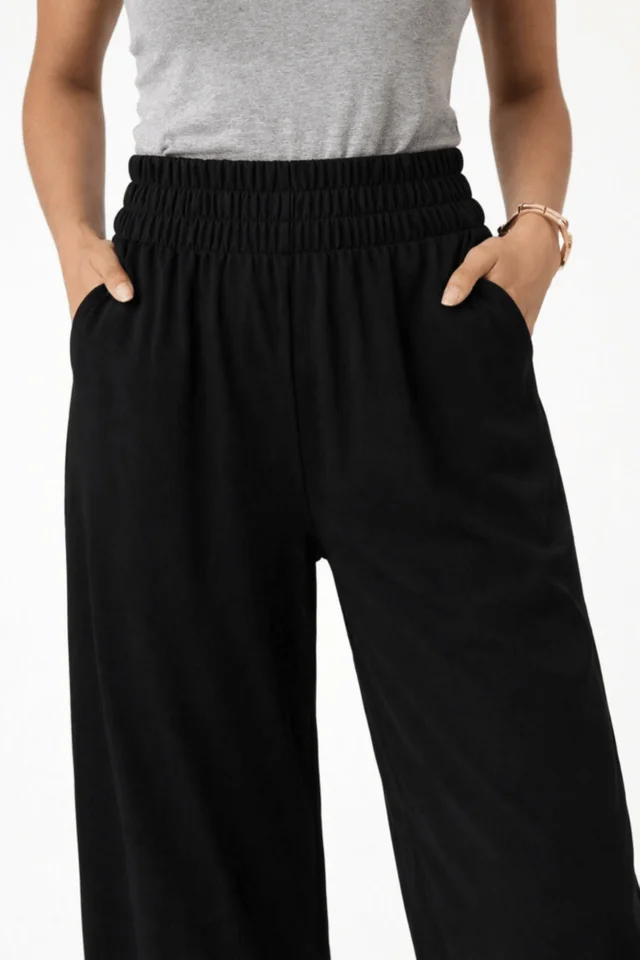 Style Cheat Black Shirred Plain Trouser