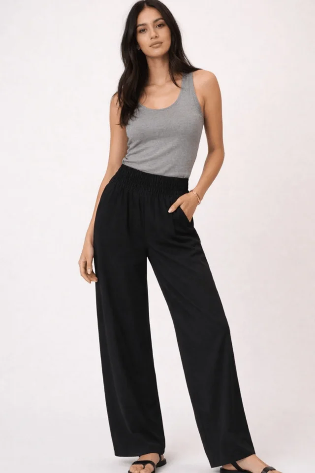 Style Cheat Black Shirred Plain Trouser
