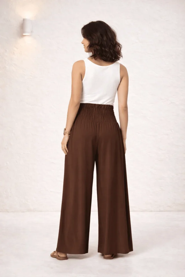 Style Cheat Brown Shirred Wide Leg Trousers
