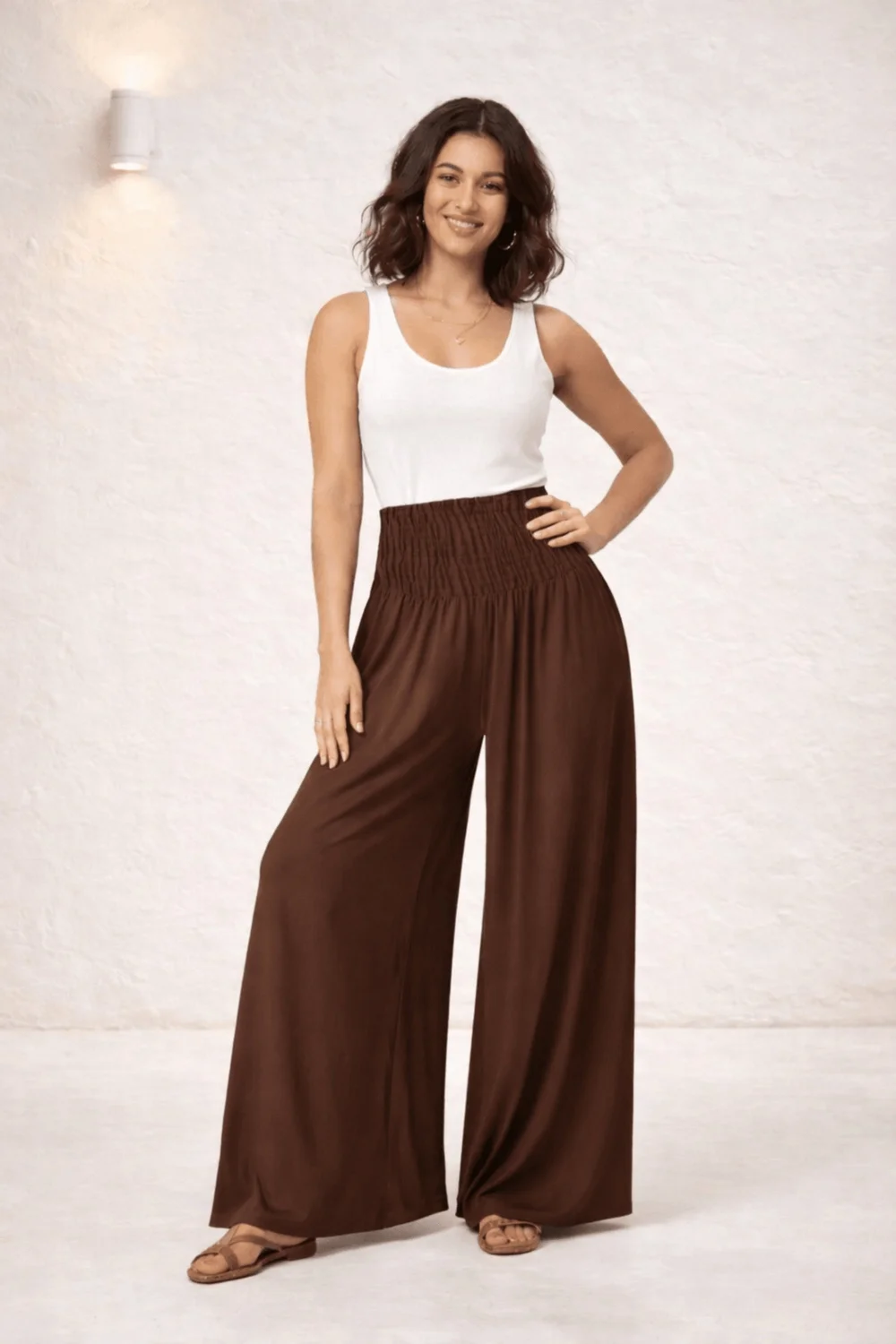 Style Cheat Brown Shirred Wide Leg Trousers - 14 Image 1